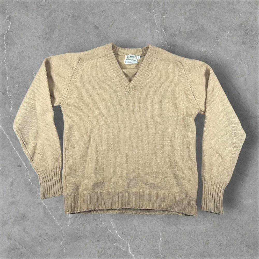L.L. Bean V-Neck Sweater Mens L Camel Lambswool Camel Hair Blend Pullover USA